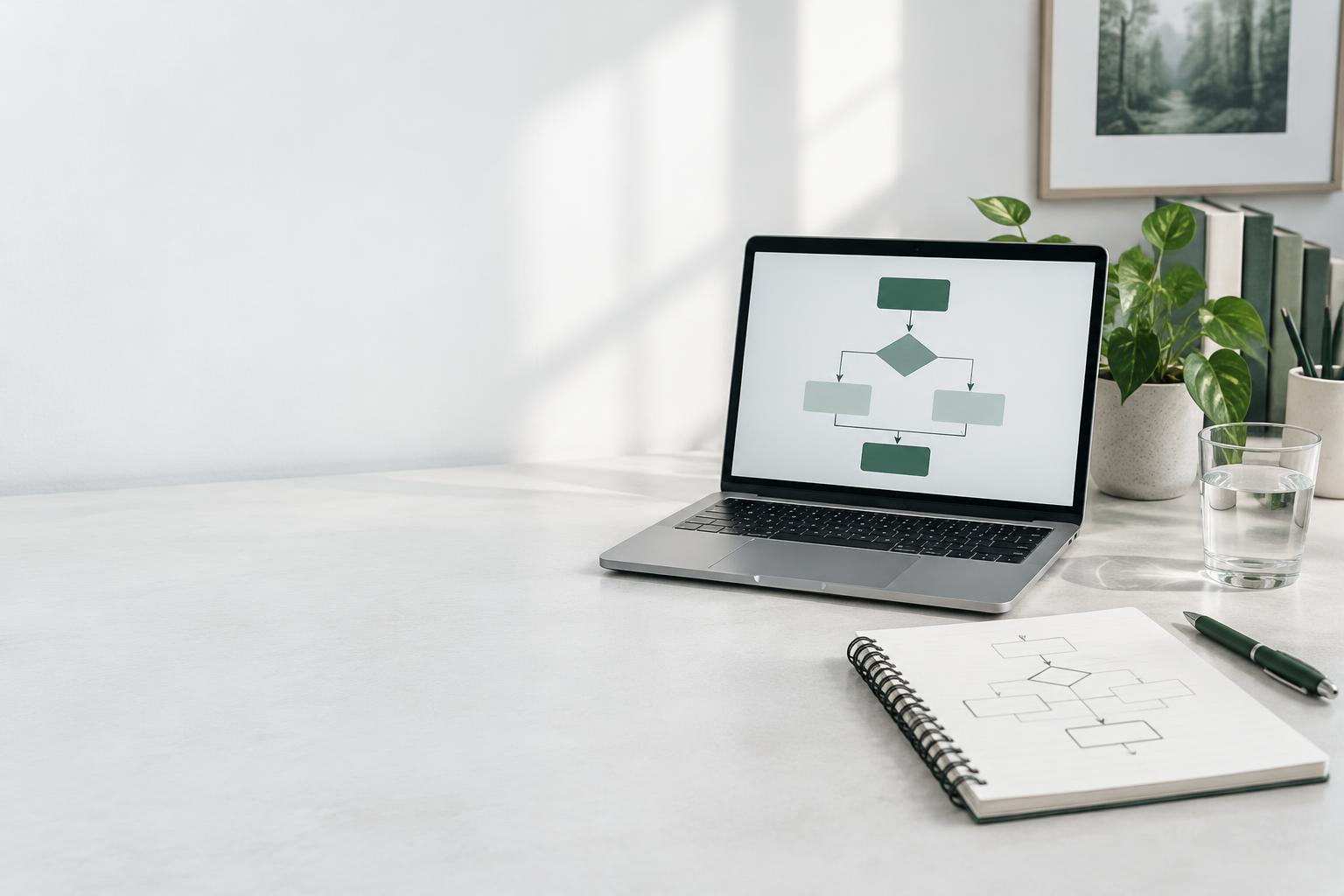 Business process diagrams on a laptop and notebook in a bright workspace